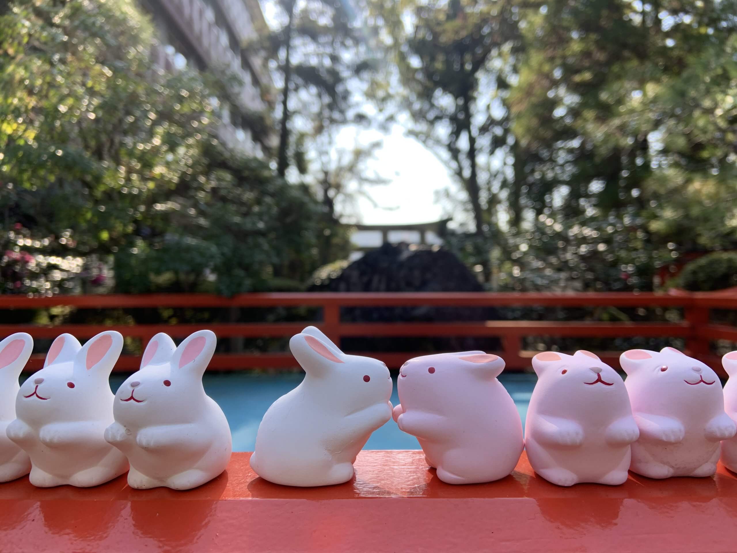 Rabbit-shaped fortune slips lined up at Okazaki Shrine in Kyoto