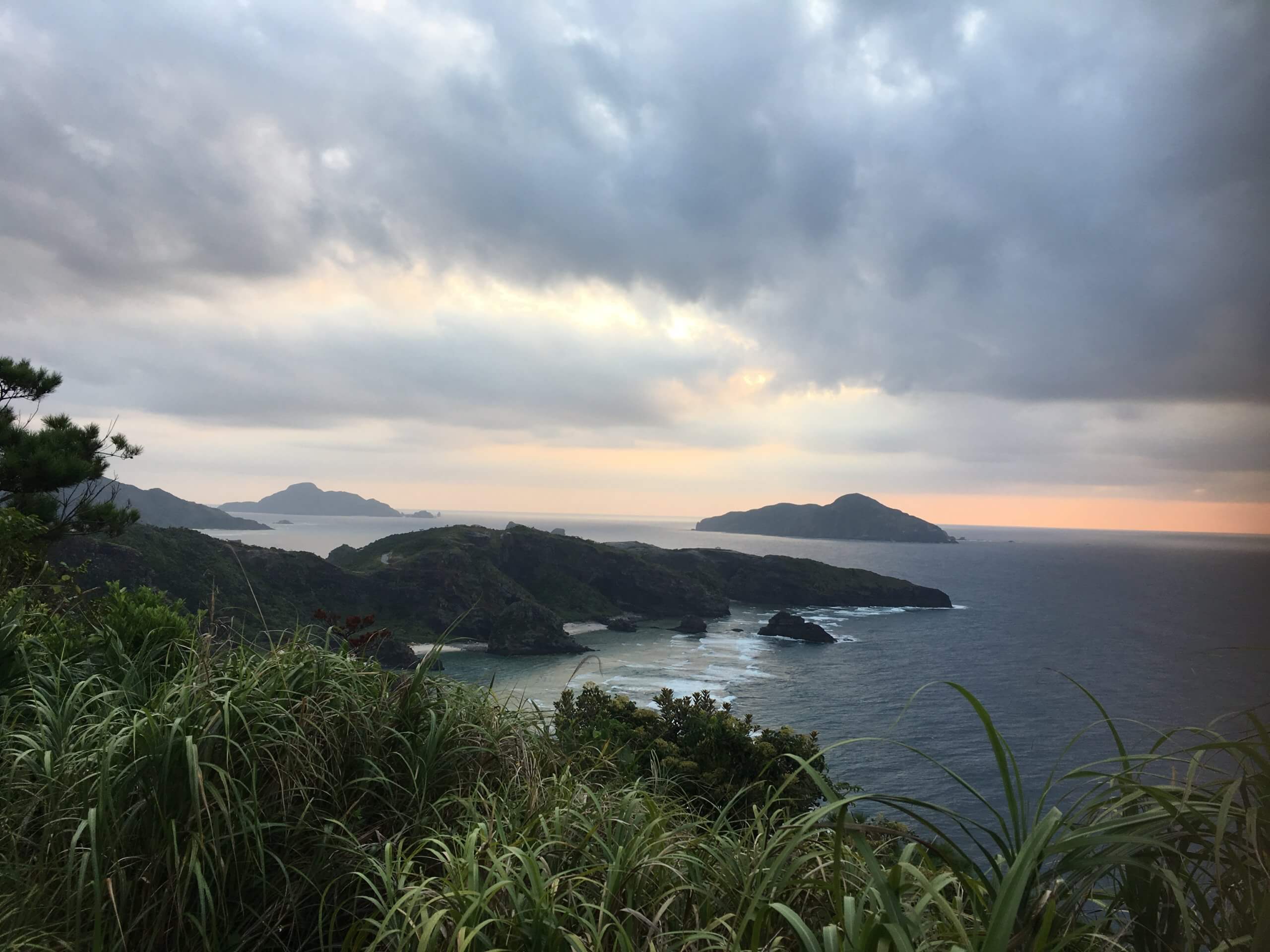 Elevated view of Zamami Island coastline and ocean in Okinawa